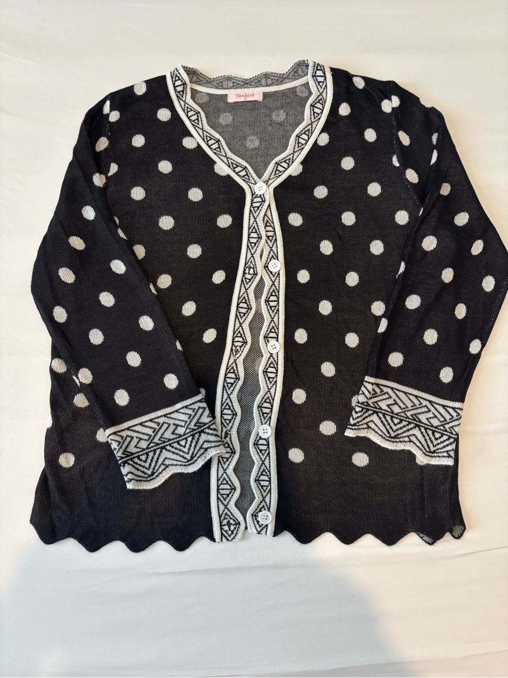 Polka Dot Trim Button-Front Cardigan Sweater - Black and White never used